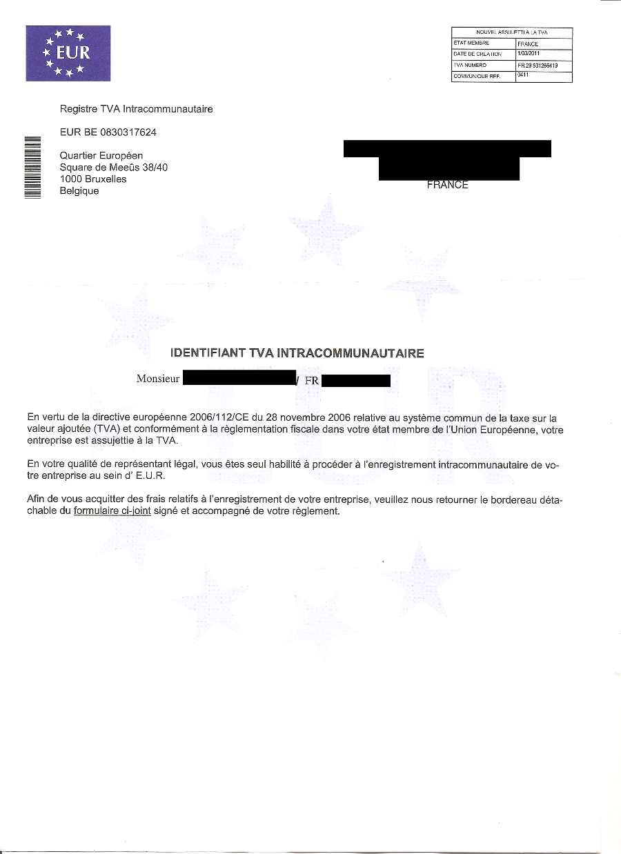 Arnaque Courrier Registre TVA Intracommunautaire - lettre d'accompagnement