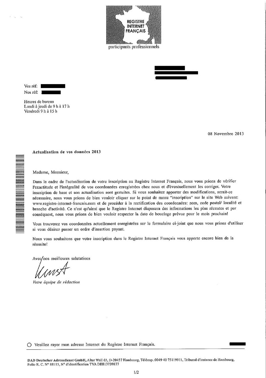 Arnaque Courrier Registre TVA Intracommunautaire - Recto